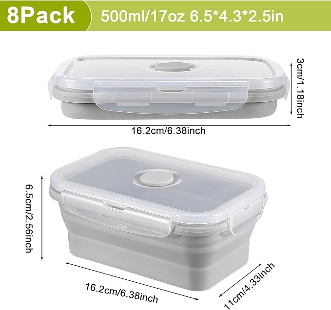 Mifoci Set of 8 Silicone Collapsible Bowls for Camping with Vent Lid Silicone Storage Containers for Food Meal Preparation Square Bowl Microwave Freezer Dishwasher Safe(Gray,17 Oz/ 500 ml)