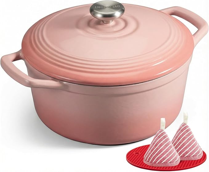 Overmont Enameled Cast Iron Dutch Oven - 5.5QT Pot with Wide Handles Lid Cookbook & Cotton Potholders - Heavy-Duty Pre-Seasoned Cookware Oven Safe to 500°F for Braising, Stews, Roasting, Sourdough Baking