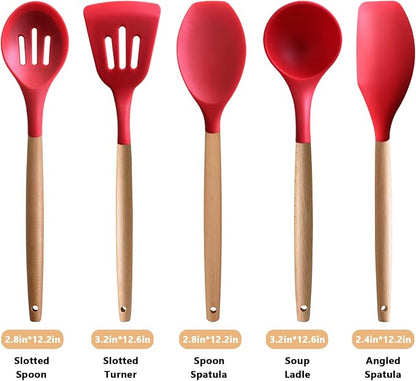 Silicone Cooking Utensils Set 5Pcs Non-Stick Silicone Kitchen Utensils for Cooking, Heat Resistant Kitchen Gadgets Spatula Spoon Turner Set with Wooden Handles for Non-Stick Cookware BPA Free