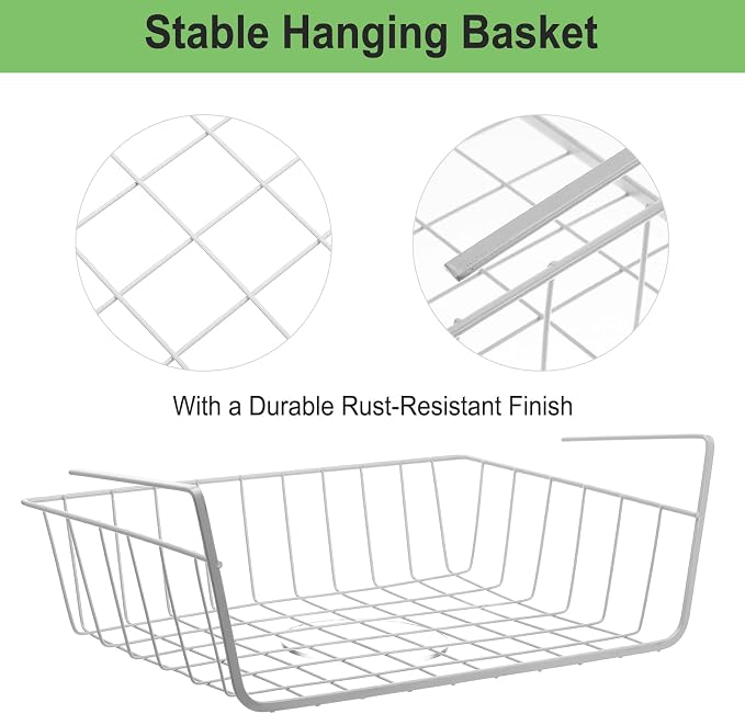 4-Pack White Under Cabinet Storage Baskets – Hanging Shelf Organizers for Kitchen, Pantry, Desk & Bookshelf – No-Tool Installation, Space-Saving Design