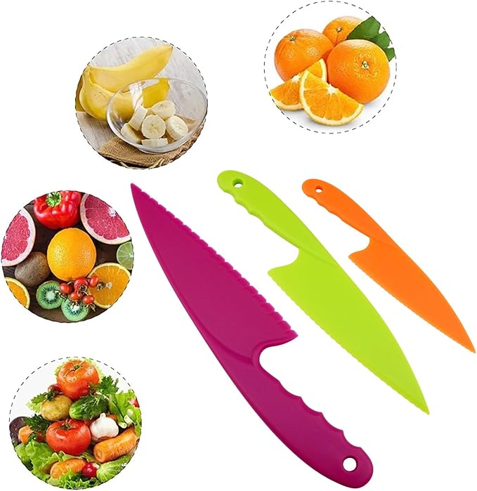 VAKTOK-3pcs Nylon Kitchen Knife Plastic Knives Nylon Kids Chef Knives Suitable for children beginners in the kitchen to make fruit lettuce vegetable salad bread