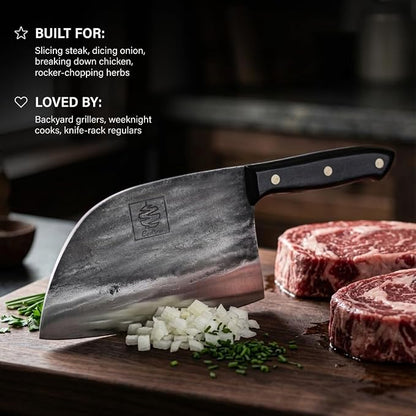 COOLINA Promaja 6" Chef Knife, Hand-Forged High-Carbon Steel, Wide-Blade Multipurpose Kitchen Knife for Slicing, Carving, Chopping, BBQ & Meat Cutting, Full-Tang with Ergonomic Wood Handle