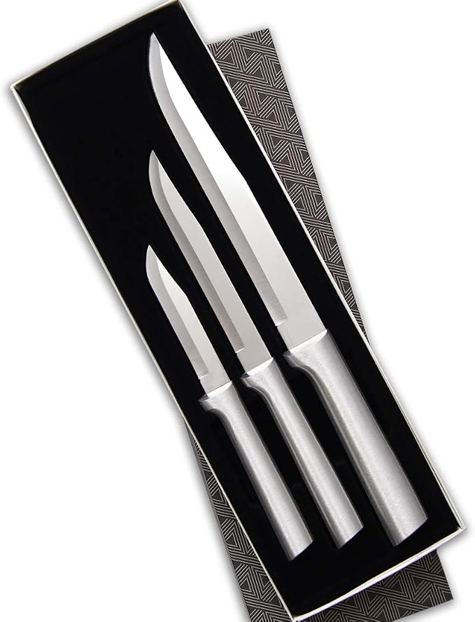 Rada Cutlery Housewarming Gift Set (S02) 3-Piece Knife Set with Quick Edge Sharpener (R119), Stainless Steel Blades, Silver Handle
