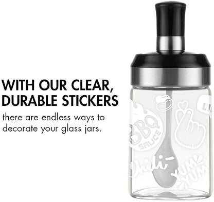 BOILING POINT Sauce Jar Sugar Container Glass Jar Combination Spoon with Lid Canisters Storing Seasoning Spices Salt Sugar for Kitchen Counter Food Storage with Decorative Sticker 9.7oz / 280ml