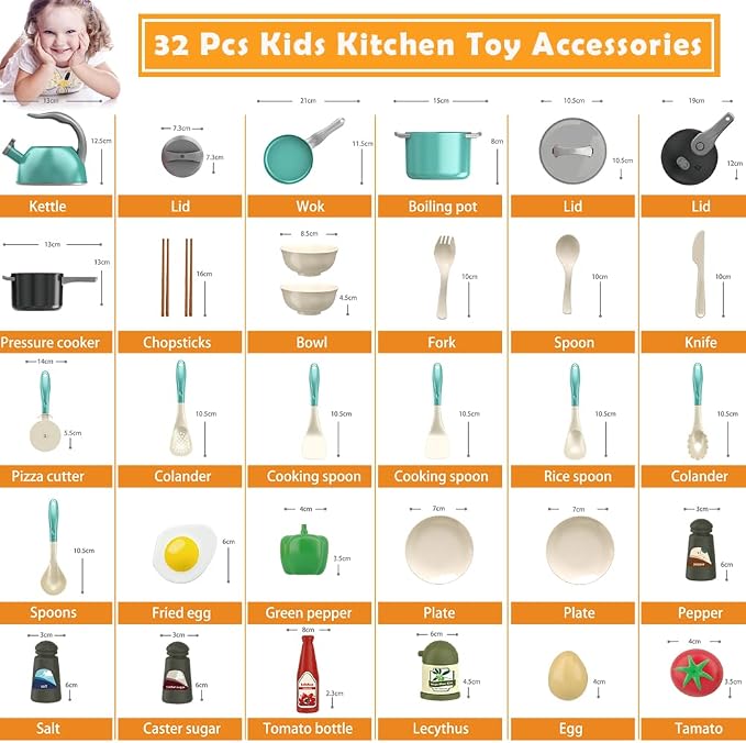 Bruvoalon 32Pcs Kids Play Kitchen Toys Set, Toddlers Pretend Cooking Playset Acccessories with Pots Pans, Utensils Cookware, Foods, Canned Veges, Learning Gift for Kids Girls Boys (Green)