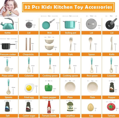 Bruvoalon 32Pcs Kids Play Kitchen Toys Set, Toddlers Pretend Cooking Playset Acccessories with Pots Pans, Utensils Cookware, Foods, Canned Veges, Learning Gift for Kids Girls Boys (Green)