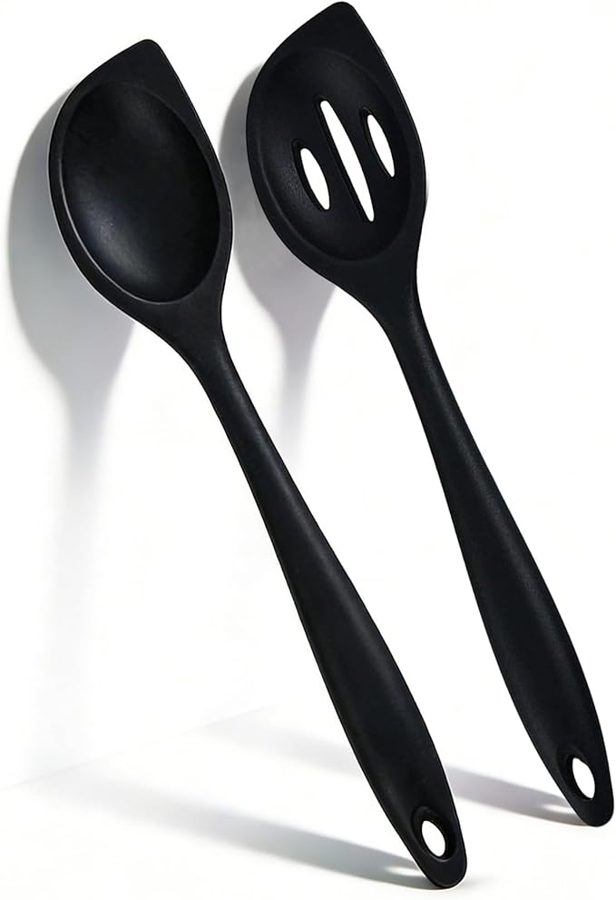 Silicone Kitchen Spoons Set - 2 Pack Heat-Resistant Utensils (Slotted & Solid Spoon) for Cooking, Baking - Non Stick, Dishwasher Safe (Black)