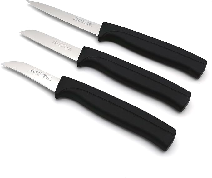 Paring Knife Set, MATTSTONE HILL Kitchen Knife Set - 4" Serrated Utility, 3" Fruit and Vegetable Knife, 2.5" Peeling Knife, Premium Stainless Steel, Semi Soft Handle, Black