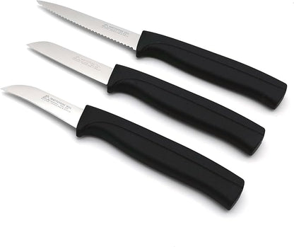Paring Knife Set, MATTSTONE HILL Kitchen Knife Set - 4" Serrated Utility, 3" Fruit and Vegetable Knife, 2.5" Peeling Knife, Premium Stainless Steel, Semi Soft Handle, Black