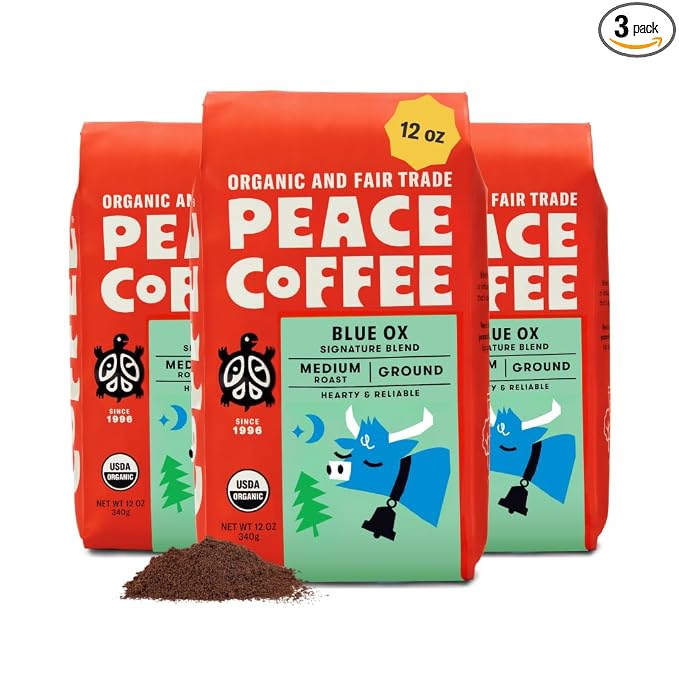 Peace Coffee Blue Ox Blend Ground Medium Roast Coffee, 12 oz, Pack of 3, Organic Fair Trade, Creamy, Mild Flavor, Shade Grown, Fresh Roasted