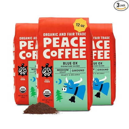 Peace Coffee Blue Ox Blend Ground Medium Roast Coffee, 12 oz, Pack of 3, Organic Fair Trade, Creamy, Mild Flavor, Shade Grown, Fresh Roasted