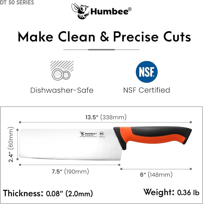 7.5-Inch Nakiri Knife, High Carbon Stainless Steel Hollow Grind Blade, Razor Sharp Edge, Ergonomic Non-Slip Handle, Cleaver Style, DT-50 Series, Orange