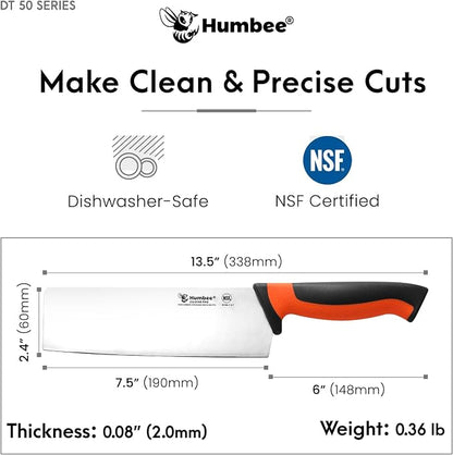 7.5-Inch Nakiri Knife, High Carbon Stainless Steel Hollow Grind Blade, Razor Sharp Edge, Ergonomic Non-Slip Handle, Cleaver Style, DT-50 Series, Orange