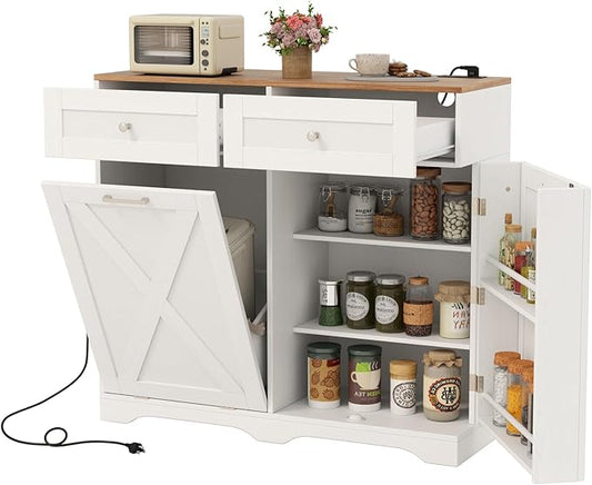 Giantex Tilt Out Trash Can Cabinet 10 Gallon, Kitchen Island with Power Outlet, 2 Drawers, Adjustable Shelves, Hidden Storage Garbage Bin Cabinet for Laundry Room Dining Room (White+Walnut)