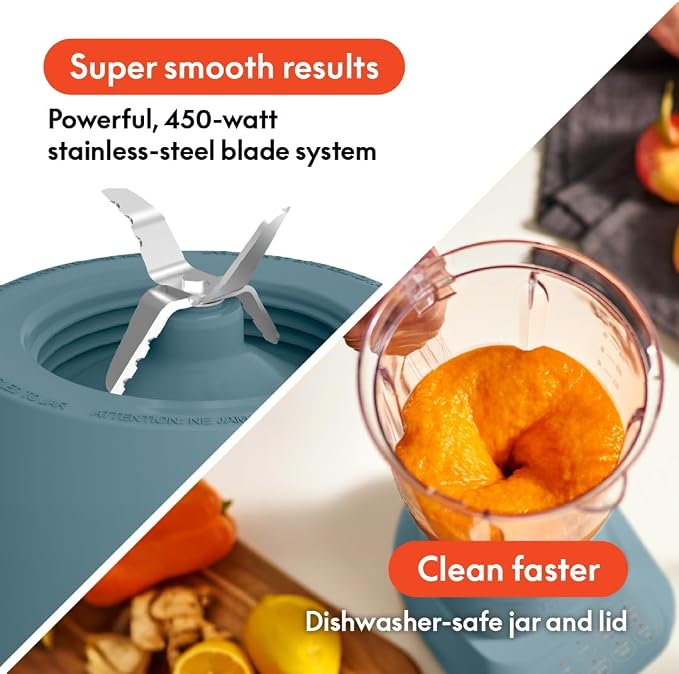 bella 10 Speed Countertop Blender, Juicer & Smoothie Maker, Fits-anywhere™ Kitchenware, Slim Flip & Store Design, Dishwasher Safe 48oz Capacity Pitcher & Lid, Stainless Steel Blade, 450 Watt, Surf