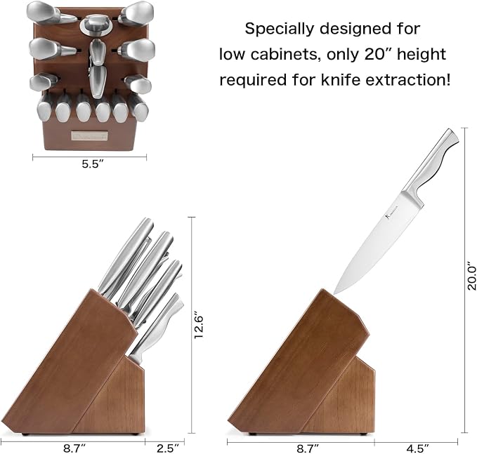 Kangdelun 15-Piece Ultra Sharp Kitchen Knife Set with Wooden Block, Exclusive Ergonomic Anti-Slip Handle, High-Carbon 50CR15MOV Steel, Angled Design, Dark Brown Wood Block