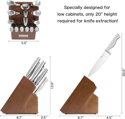 Kangdelun 15-Piece Ultra Sharp Kitchen Knife Set with Wooden Block, Exclusive Ergonomic Anti-Slip Handle, High-Carbon 50CR15MOV Steel, Angled Design, Dark Brown Wood Block