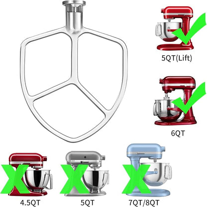 Stainless Steel Flat Beater Attachment Compatible with KitchenAid 5 Plus -6QT Mixer Bowl Lift Stand Mixer, Quick Kneading of Bread, Pasta, Cookies, Pizza, Etc. Dishwasher Safe