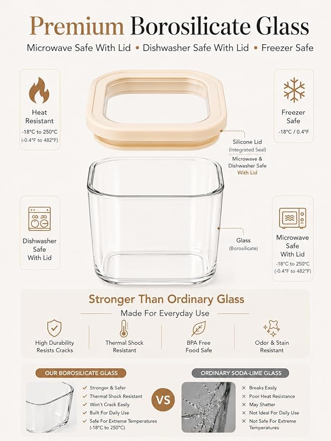 4pcs Small Square Glass Food Storage Containers Set with Glass Lids 0.76Qt - Stackable Kitchen Canisters Sets for Nuts, Overnight Oast, Snacks | 24floz Glass Pantry Storage Jars
