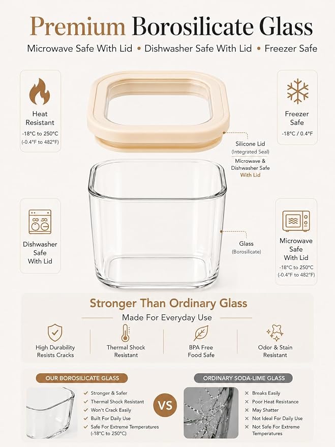 4pcs Square Glass Pantry Storage Containers Set with Glass Lids 1.22Qt - Airtight Stackable Kitchen Canisters Sets for Pasta, Cereal, Flour, Snacks | 40floz Glass Pantry Storage Jars