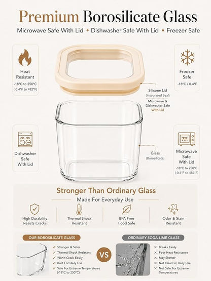 8pcs Square Glass Pantry Storage Containers Set with Glass Lids 1.22Qt/1.67Qt - Airtight Stackable Kitchen Canisters Sets for Pasta, Cereal, Flour | 40floz / 53floz Glass Pantry Storage Jars