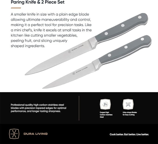 DURA LIVING 3.5 Inch Paring Knife – Essential High Carbon Stainless Steel, Razor-Sharp, Multipurpose Small Kitchen Knife, Ergonomic Handle, Perfect for Precision Tasks, Sleek Gray Design