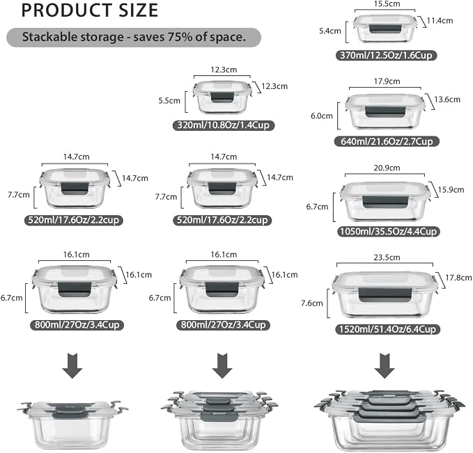 GENICOOK GC glass Food Storage Containers with Lids, Meal Prep Containers, Airtight Lunch Containers Bento Boxes with Snap Locking Lids for Microwave, Oven, Freezer and Dishwasher