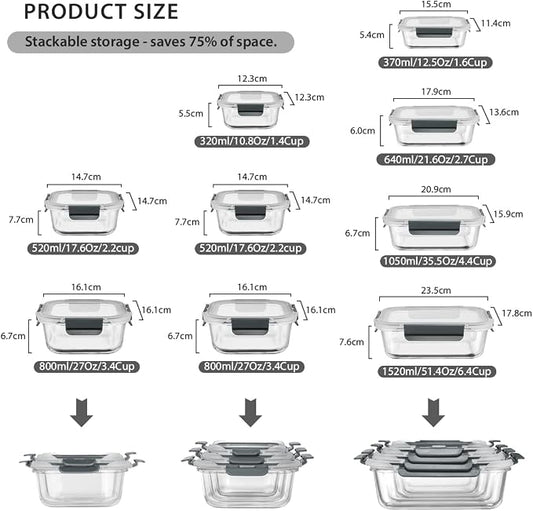 GENICOOK GC glass Food Storage Containers with Lids, Meal Prep Containers, Airtight Lunch Containers Bento Boxes with Snap Locking Lids for Microwave, Oven, Freezer and Dishwasher