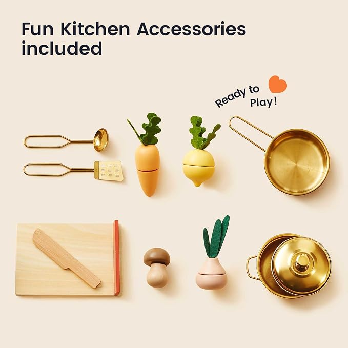 Tiny Land Play Kitchen for Toddlers, Wooden Kids Kitchen Playset with Cutting Food & Cookware, Oven, Clicking Knobs, Stove and Sink, Small Kitchen Toy Gift for Kids, Girls & Boys - Warm Retro