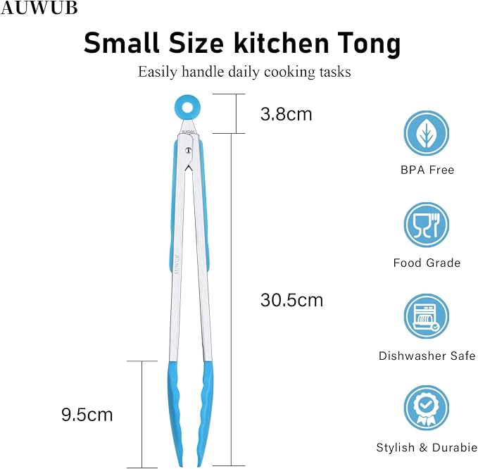Silicone Salad Tongs - 12 Inch, 304 Stainless Steel Core & Non-Slip Grip, Blue Color, Kitchen Utensils for Grilling Salad