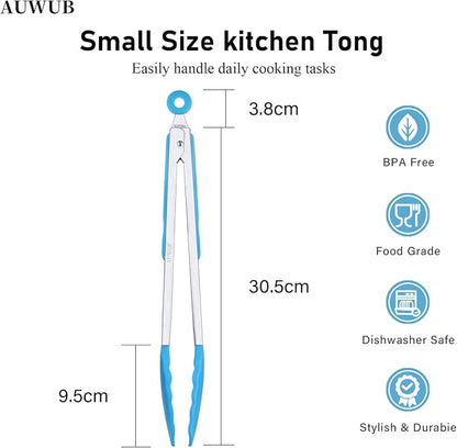 Silicone Salad Tongs - 12 Inch, 304 Stainless Steel Core & Non-Slip Grip, Blue Color, Kitchen Utensils for Grilling Salad