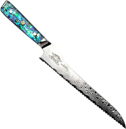 Damascus Bread Knife - 10" / 25.5 cm AUS-10 Steel, Clear Resin Handle - Leather Sheath Included