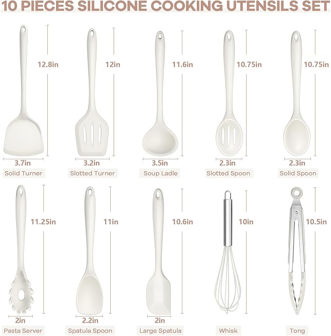 TeamFar Kitchen Cooking Utensils, 10 pcs Silicone Cooking Utensils Set, 446°F Heat Resistant Kitchen Gadgets Tools Set w/Spatula, Turners, Spoons, Soup Ladle, Pasta Server for Nonstick Cookware, White
