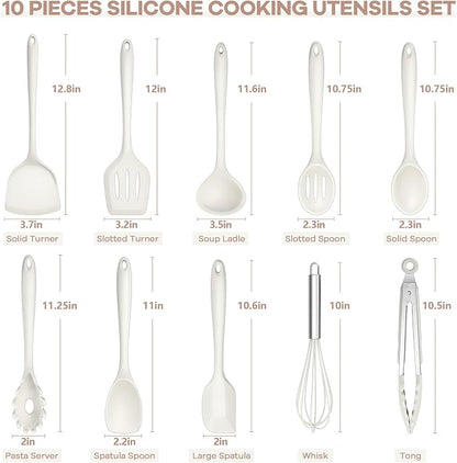 TeamFar Kitchen Cooking Utensils, 10 pcs Silicone Cooking Utensils Set, 446°F Heat Resistant Kitchen Gadgets Tools Set w/Spatula, Turners, Spoons, Soup Ladle, Pasta Server for Nonstick Cookware, White
