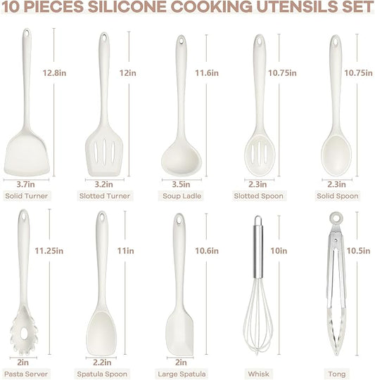 TeamFar Kitchen Cooking Utensils, 10 pcs Silicone Cooking Utensils Set, 446°F Heat Resistant Kitchen Gadgets Tools Set w/Spatula, Turners, Spoons, Soup Ladle, Pasta Server for Nonstick Cookware, White