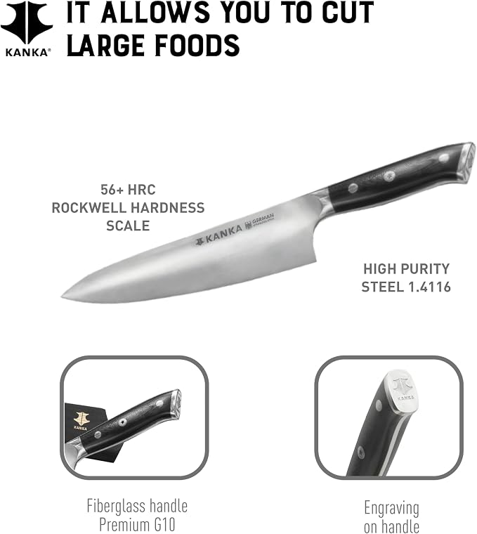 KANKA Professional 8 inch Chef Knife – High Grade 1.4116 Stainless Steel, Ultra-Premium G-10 Fiberglass Handle, Premium Wood Sheath Included – Essential Kitchen Knife for Chefs