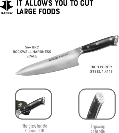 KANKA Professional 8 inch Chef Knife – High Grade 1.4116 Stainless Steel, Ultra-Premium G-10 Fiberglass Handle, Premium Wood Sheath Included – Essential Kitchen Knife for Chefs