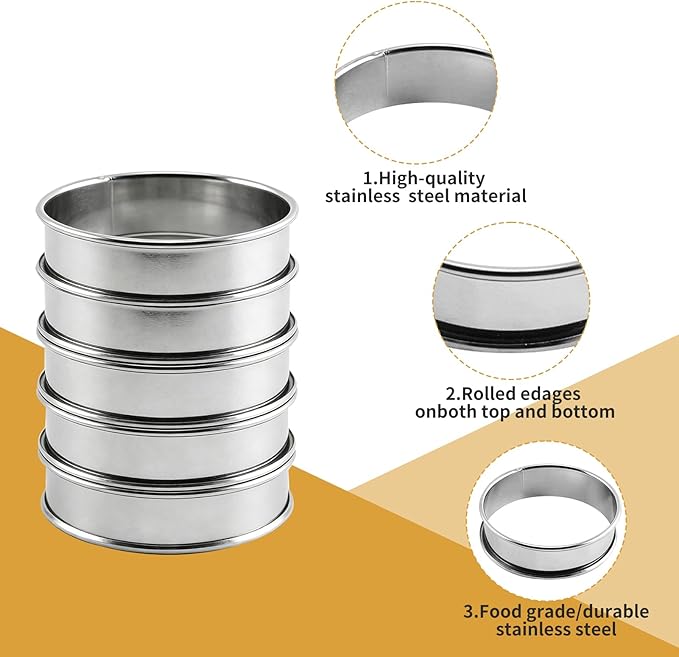 RICHSC-PAN Crumpet Rings, 10Pack English Muffin Ring, Outer diameter 4 Inch+3.2Inch Food-Grade Stainless Steel Tart Rings. More Convenient to Take the Food of The Bakery Ring Mold.