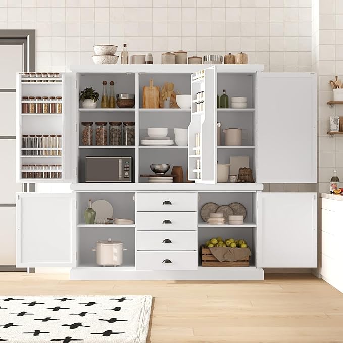 VilroCaz Freestanding Large Kitchen Pantry, Wooden Kitchen Organizers and Storage Kitchen Cabinet with 4 Drawers, Cupboard, 5 Doors, Adjustable Shelves for Dining Room (White-3.15)