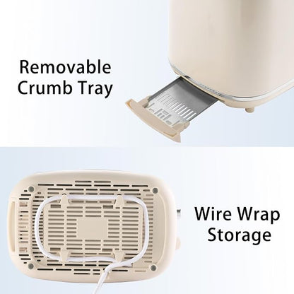2-Slice Toaster, Wide Slots, 7 Bread Shade Settings, Stainless Steel, Bagel, Cancel, and Defrost Functions, Removable Crumb Tray, Retro Style Toaster,Beige