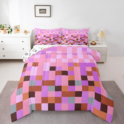 Pixel Grid Theme Comforter Set with 2 Pillowcases,Video Gaming Blocks Super Soft Microfiber Bedding Set for Adults Teens,Geometric Colorful Plaid Lattice Pink Purple Duvet Set for Room Decor,King