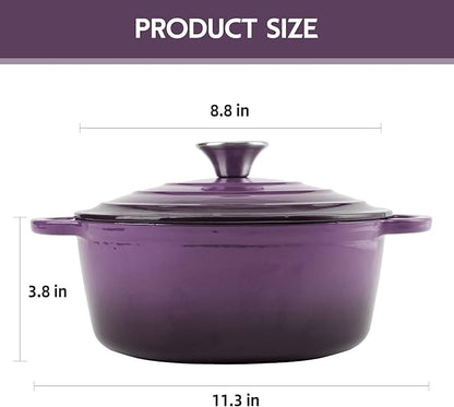 3 Quart Dutch Oven Enameled Cast Iron with Lid - Big Dual Handles - Oven Safe up to 500°F - Classic Round Pot for Versatile Cooking Purple