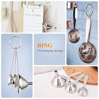 3 in 1 Metal Funnels for Filling Bottles Stainless Steel Small Kitchen Funnel Set for Transferring Essential Oils Liquid Fluid Spice Dry Ingredients Powder, Durable (‎Long-Handled Funnel)