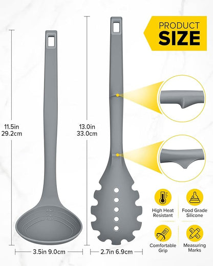 Silicone Pasta Fork and Soup Ladle Set, Heat Resistant Non Stick Kitchen Utensils with Back Hooks, Suitable for Cooking, Stirring, Serving Spaghetti, Soup, Sauce (GRAY)