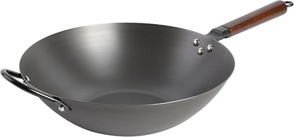 Babish Carbon Steel Wok 14 Inch Flat Bottom Stir Fry Pan Durable Heavy Duty Cookware for High Heat Cooking Stir Fry Sautéing Frying Compatible with Gas Electric and Induction Stovetops