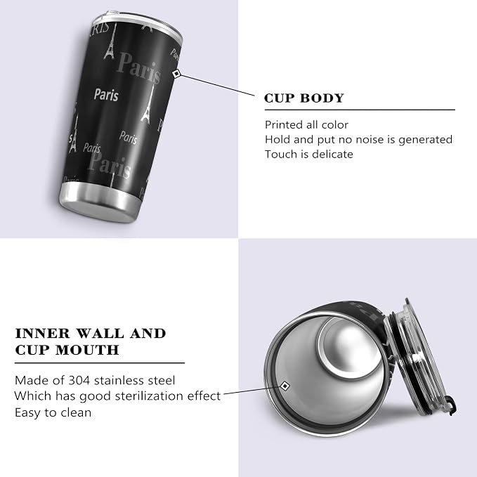 Tumbler Paris Eiffel Tower Cute Insulated Coffee Cup Beverage Container Travel Mug with Straw and Lid Double Wall Stainless Steel 20oz Holiday Gift