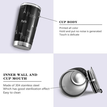 Tumbler Paris Eiffel Tower Cute Insulated Coffee Cup Beverage Container Travel Mug with Straw and Lid Double Wall Stainless Steel 20oz Holiday Gift