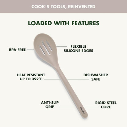 GreenPan Silicone Slotted Spoon, Cooking Kitchen Utensil, Mixing Stirring Serving, Flexible Rubber Nonstick Cookware, Rigid Steel Core Heat-Resistant, Anti-Slip Handle, BPA-Free Dishwasher Safe, Taupe