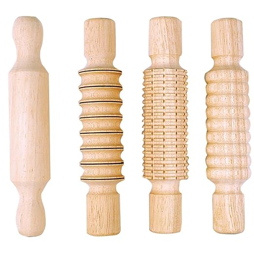 Colorations DESIGN All Wood Clay and Dough Textured Rolling Pins, Set of 4, Assorted, Hard Natural Wood, Easy to Clean, 8 1/2 Inches, for Kids, Arts & Crafts