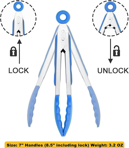 HINMAY Small Tongs with Silicone Tips 7-Inch Serving Tongs, Set of 3 (Blue)